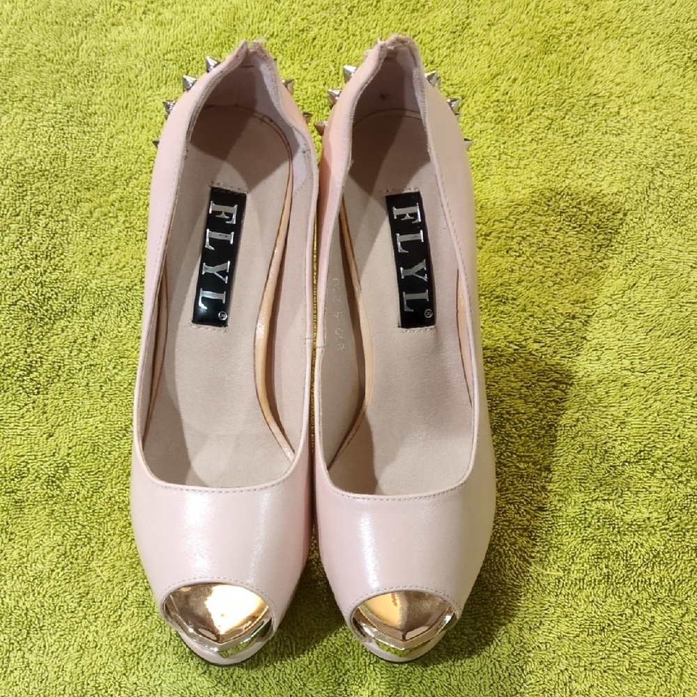 FLYL Pink Peep Toe Heels with Studded Detail